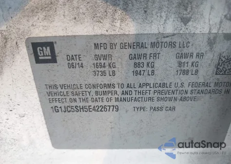 2014 Chevrolet Sonic Lt Auto z USA, uszkodzony, nr VIN 1G1JC5SH5E4226779